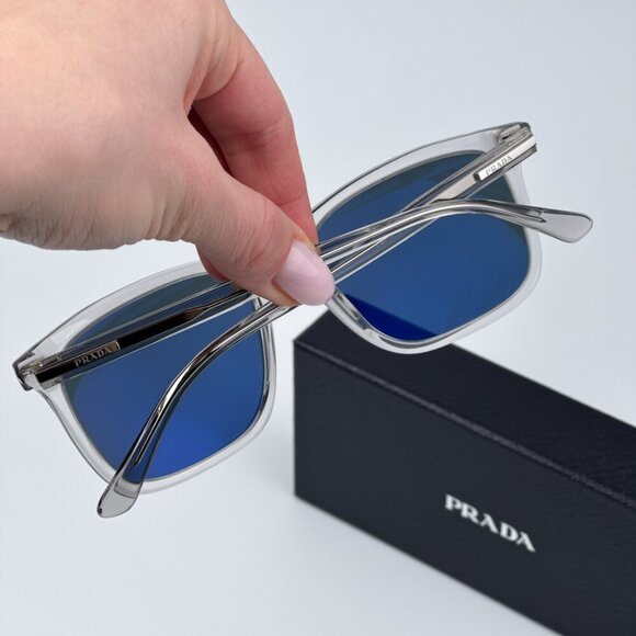Prada Men BRAND NEW Sunglasses Grey Crystal Blue Rectangle PR18WS U430A9 - Picture 3 of 11